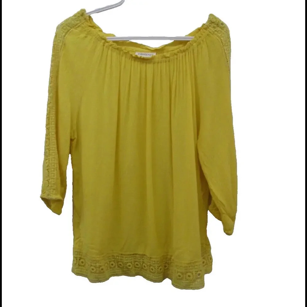 Westport Womens Yellow Long Sleeve Tunic Top Size Petite XL Embroidered Hem